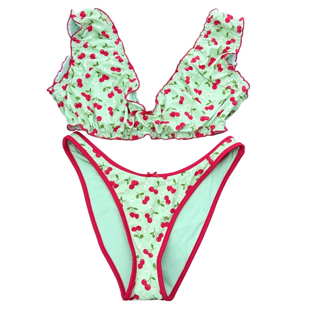 Victoria's Secret PINK Frankies Bikinis Cherry Ruffle Set S/M New‎ Retro Beach